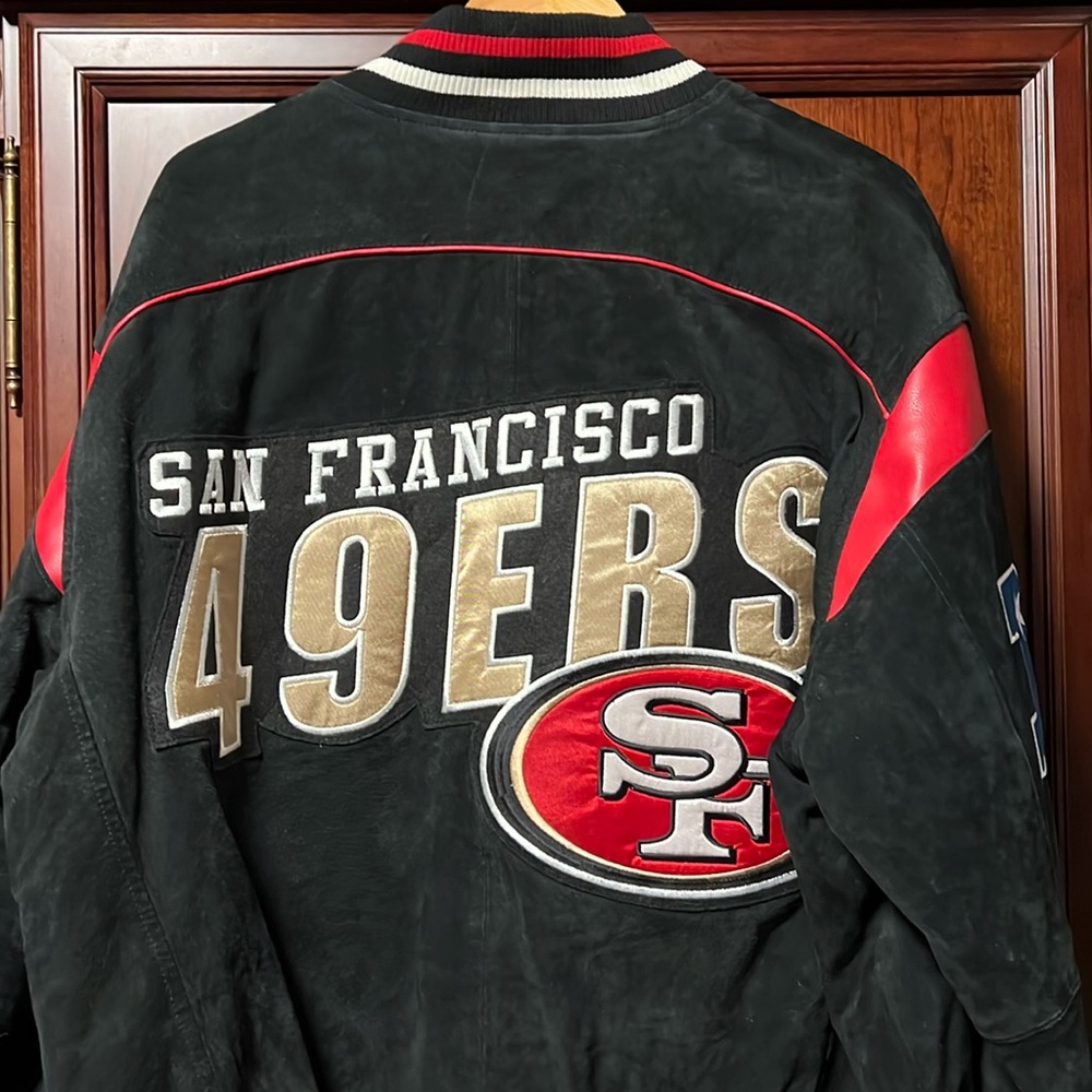 90’s Vintage NFL Classic SF 49er Black Suede & Red Leather Zip Up Bomber Jacket!